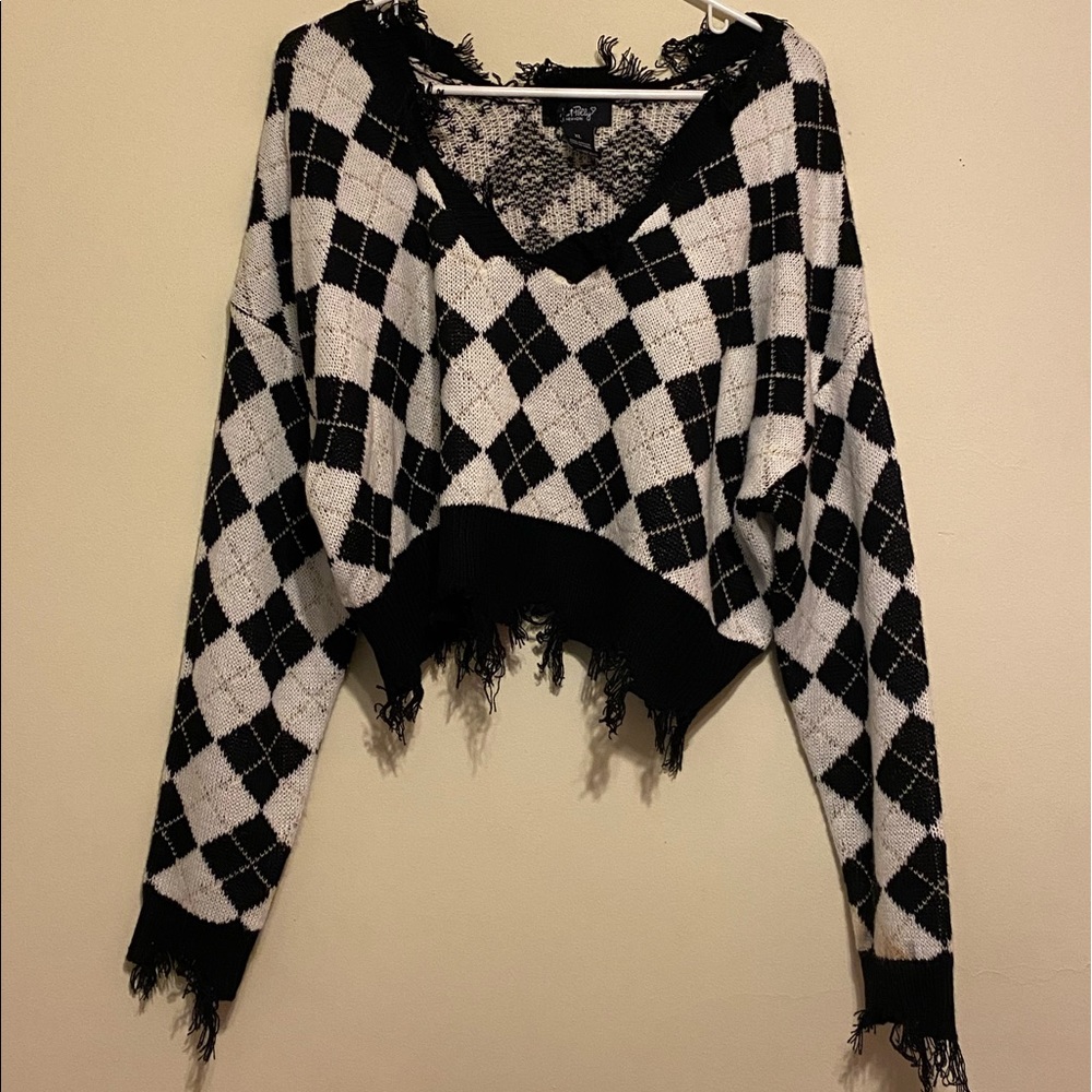 Just Polly Juniors' Argyle Distressed Sweater